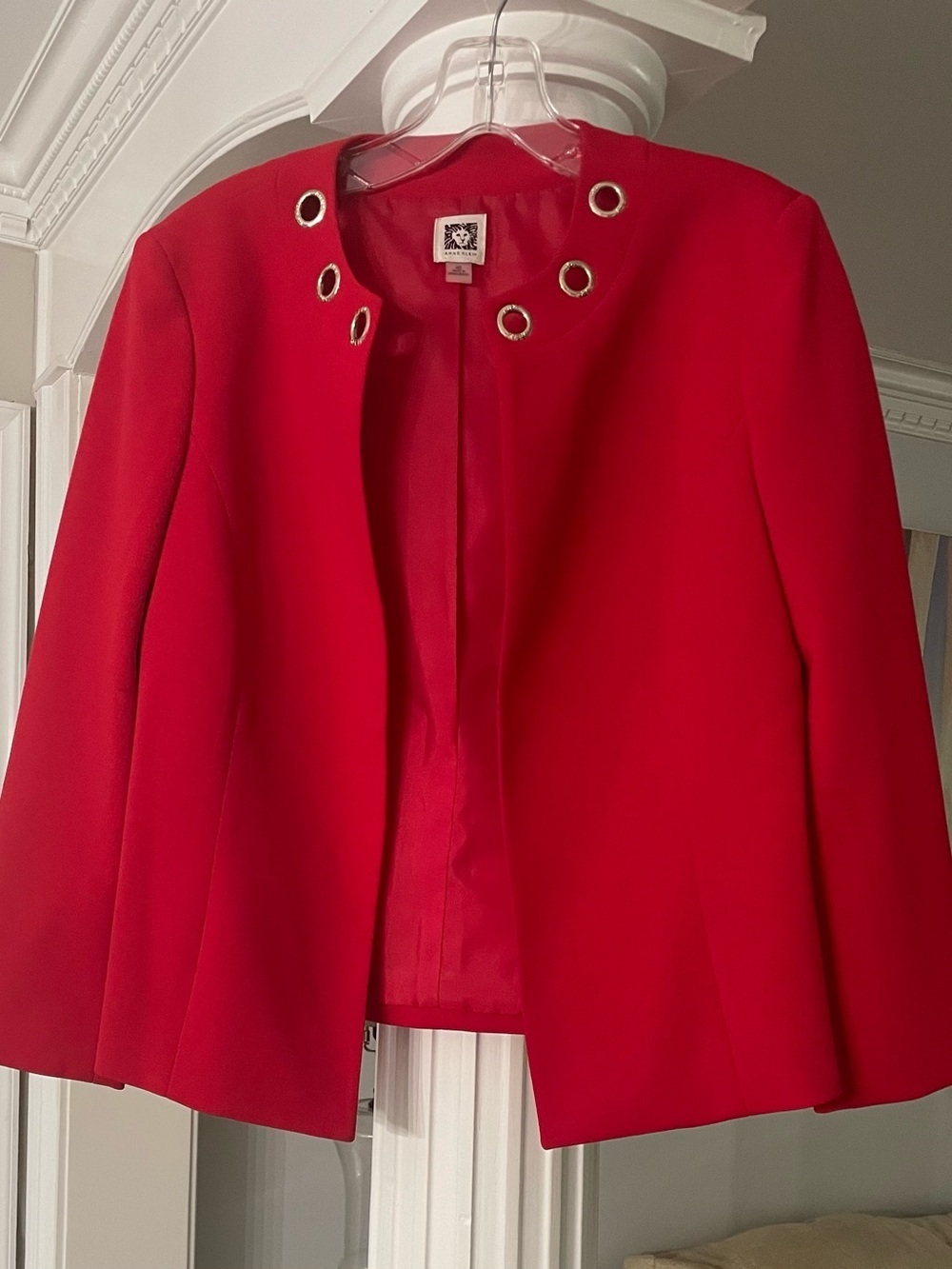 Ann Klein collarless, open front, long sleeve blazer, Barbados cherry red